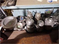 6 PEWTER POTS, SOME SIGNED + OTHER PEWTER ITEMS