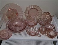 Pink depression glass, 11 pieces in this lot