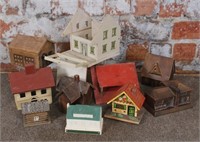 9 Vintage Wood & Metal Toy Houses & Bank, Various