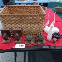 Woven Basket with Lid, Bookends, Frog Decorations