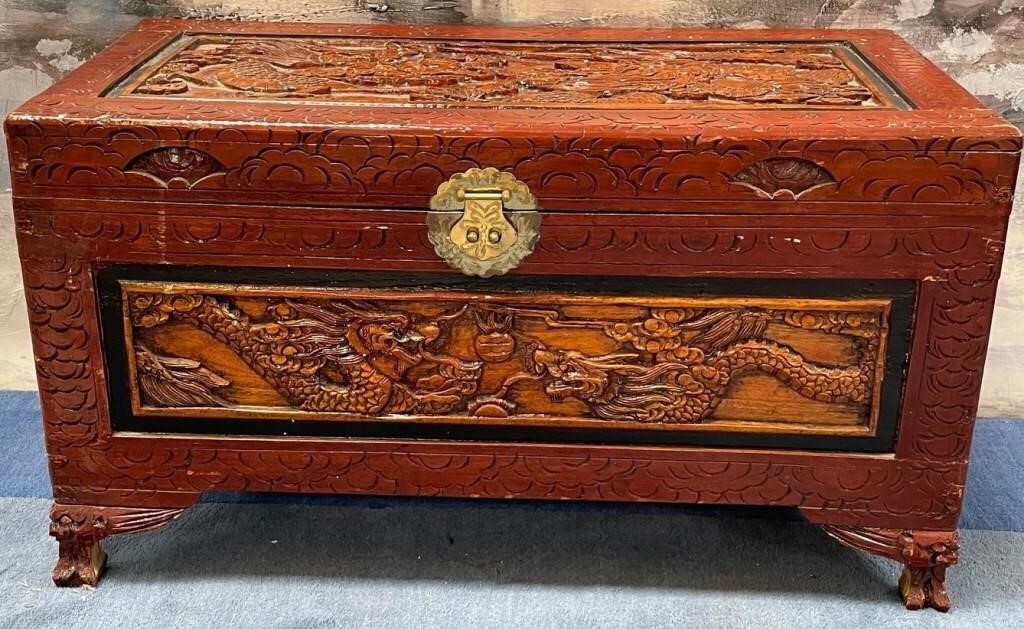 11 - VINTAGE CARVED TRUNK 19X34"