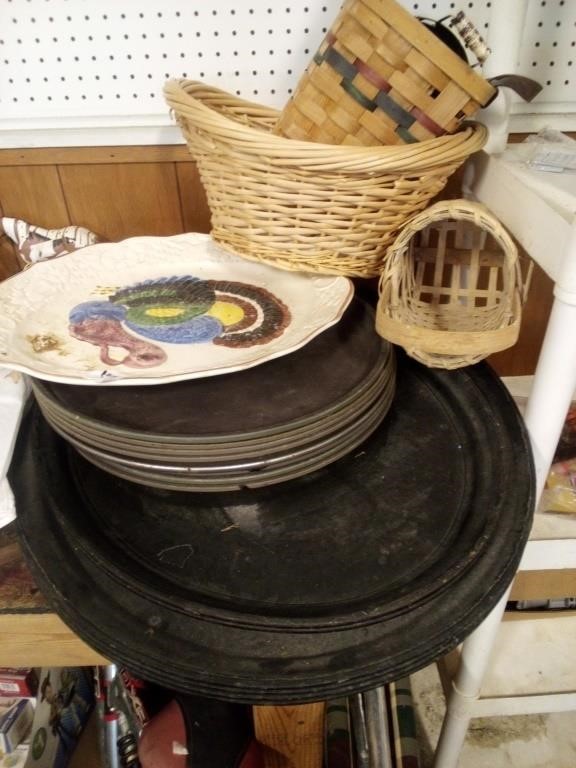 Large lot of serving trays, baskets, turkey