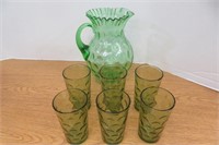Vintage Green Glass Pitcher & Glasses