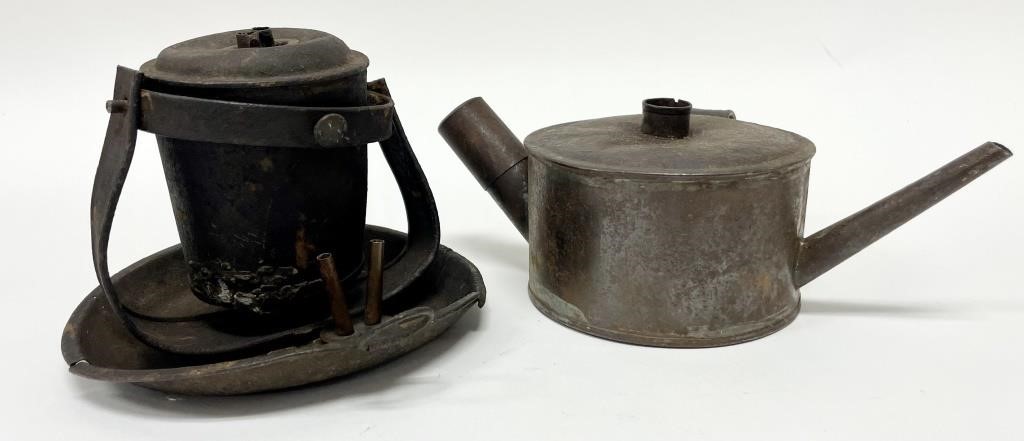 1800s Hand Forged Miner's Gimbal Lamp & Oil Filler