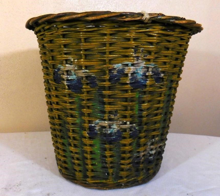 Vintage Painted Wicker Trash Basket