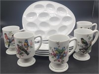 (10) White Ceramic: 5- Egg Plates, 5- Bird Mugs