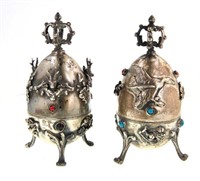 2 Russian Silver Hunt Eggs with stag & dog