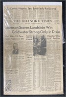 Vtg Roanoke Times Newspaper - Johnson/Kennedy-1964