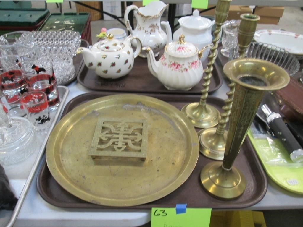 Brass Tray, Trivet, Vase, Candlesticks.