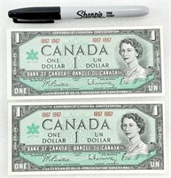 2 billets de 1$ CANADA 1867-1967 comme neufs