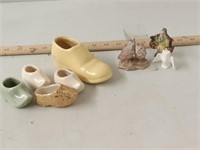 vtg ceramic shoes,owls & oriental figure