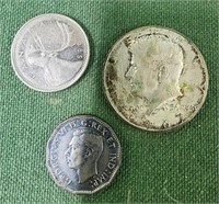 Kennedy half dollar 1967, and Canadian coins