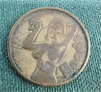 Naked lady heads tails retro flipping coin