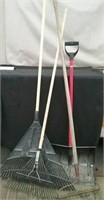 2 Garden Rakes, Metal Rake, & Snow Shovel