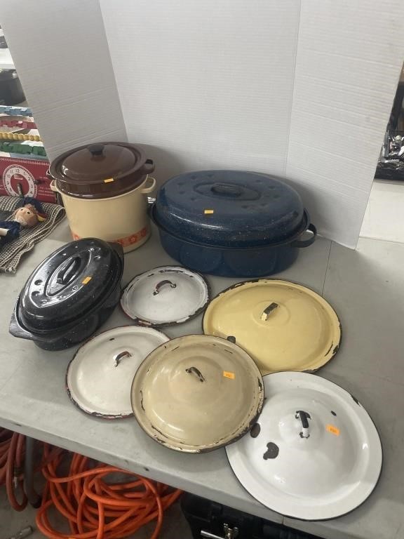 Vintage enamel cookware and pot lids