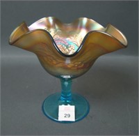 Fenton Aqua/ MG Peacock & Urn Ruffled Compote