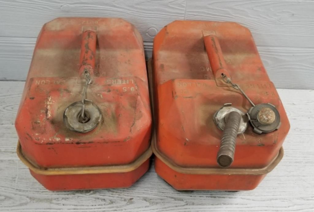 (2) Red Metal Vintage Fuel Cans