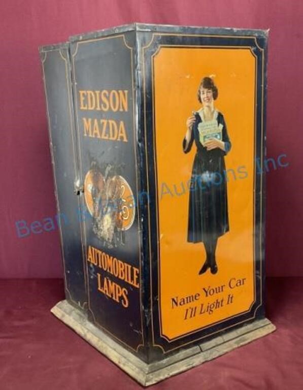 Antique Edison Mazda lightbulb display cabinet