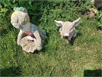 Concrete Pig and Little Girl Garden Statues