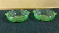 GREEN DEPRESSION GLASS DISH WITH ETCHED PATTERN