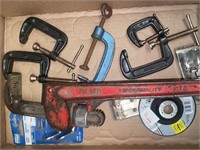 18” pipe wrench, assorted clamps, 4” cutting