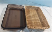 13" Pyrex baking dish with Wicker Pyrex holder