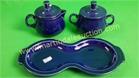 Fiesta Cobalt Blue Sugar Bowl & Creamer w/ Under