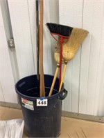 Garbage can and brooms