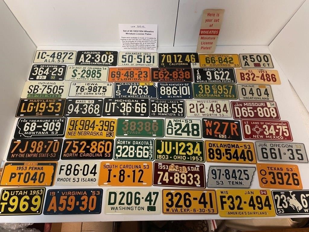 49 pc set 1953/54 Wheaties Mini License Plates