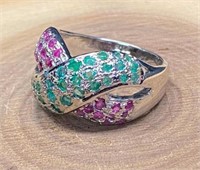 Sterling Silver Ruby & Emerald Ring