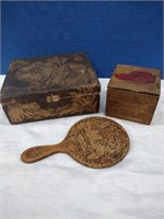 Two Pyrography Wood Boxes & Hand Mirror x3