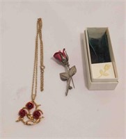 Rose Pin and Rose Gold Tone Necklace