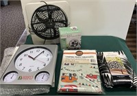 Fans, tablecloths & Clock