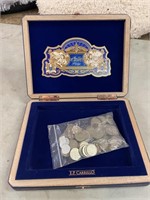 Cigar box with foreign coins / tokens