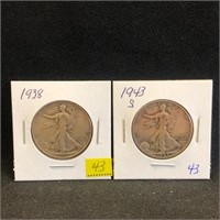 1938 & 1943S Walking Liberty Half Dollars