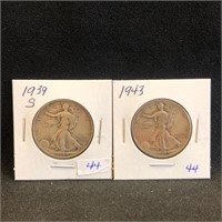1939S & 1943 Walking Liberty Half Dollars