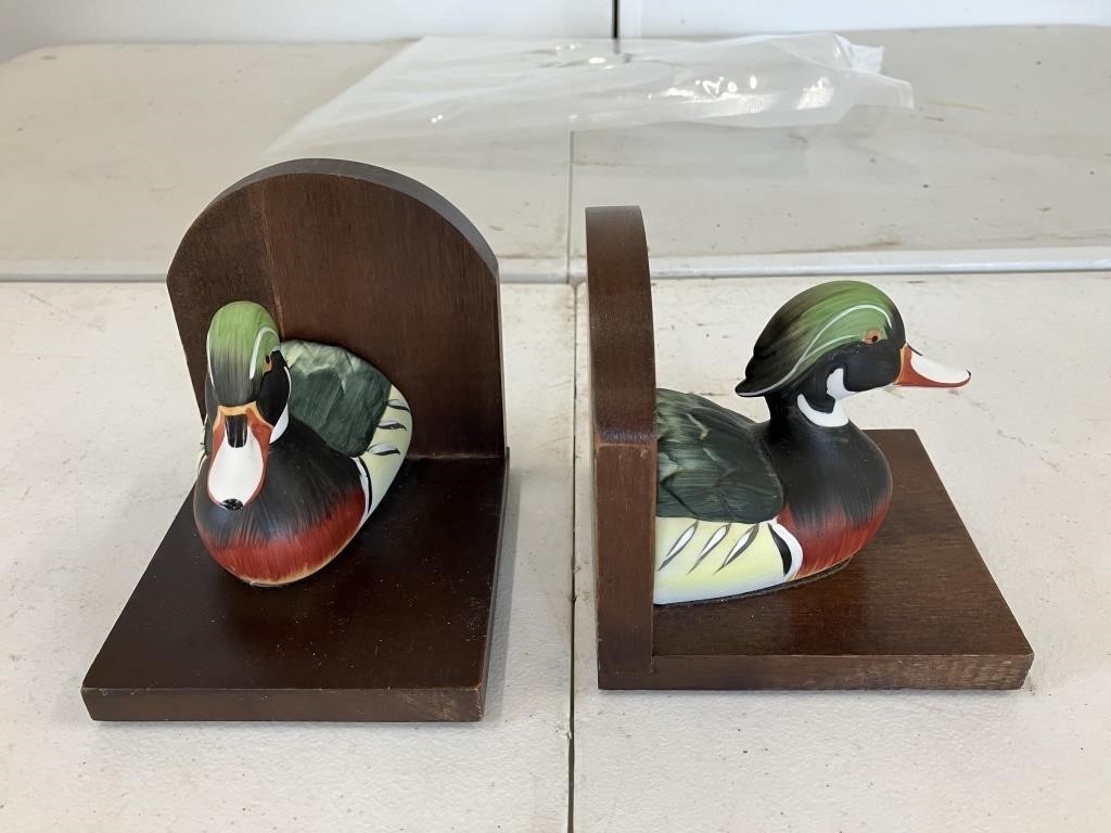 Duck Carved Wood Bookends
