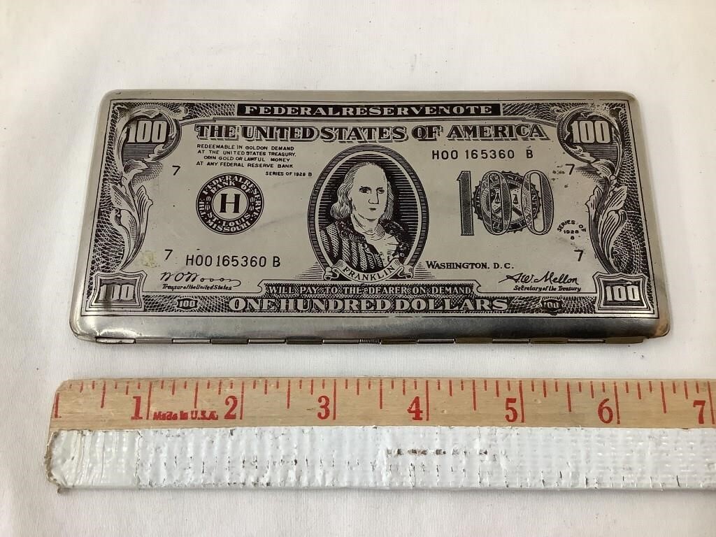 100 Dollar Bill Cigarette Case, Metal, 6 1/2”W