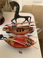 2 Greek Souvenir fishing boats and bronze Greek