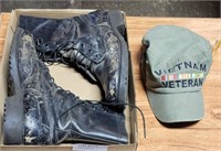 PAIR OF MILITARY BOOTS & VIETNAM VETERAN CAP