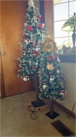 2 slim Christmas trees w/decorations and