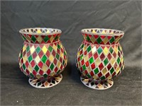 Pair of 2 6" Mosaic Glass Candle Holders