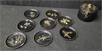 6 hand-painted Asian coasters with covered caddy