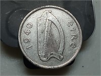 OF)  Low mintage 1940 Ireland silver 2 Florin