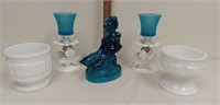 Blue Glass Girl w/Geese Sculpture, Milk Glas Vases