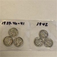 SILVER Mercury Dime LOT x 6 1939-42