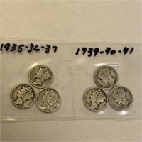 SILVER Mercury Dime LOT x 6 1935-41