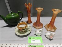 Teapot, carnival glass vase & candleholders, cup &