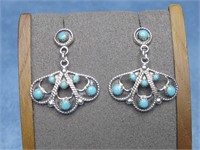 N/A Sterling Silver Turq. Cluster Earrings Signed