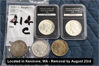 LOT, 1879 MORGAN & (4) PEACE SILVER DOLLARS TO